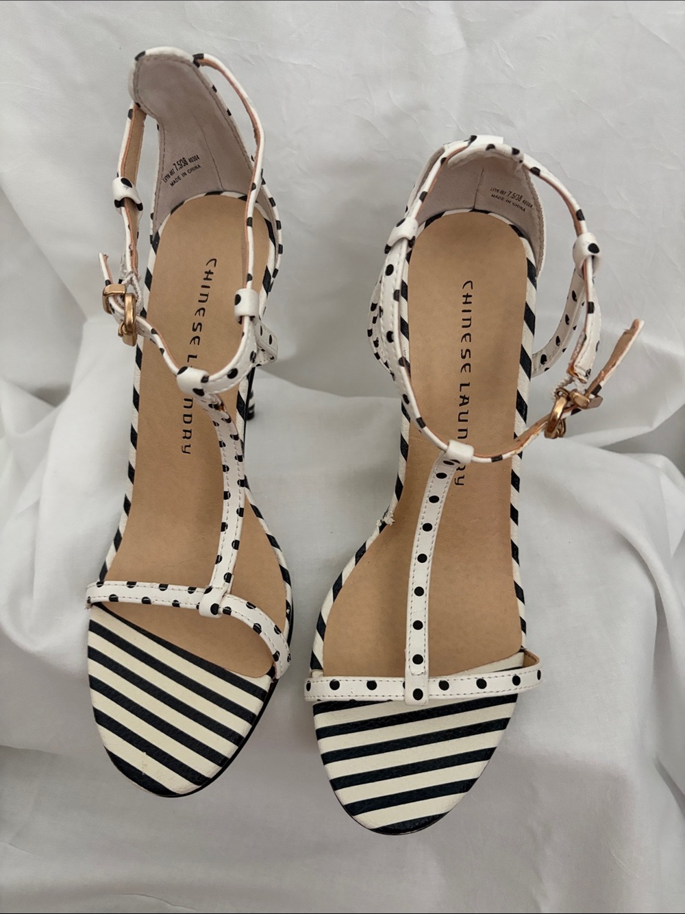 Chinese Laundry Black & White Polka Dot T-Strap Heels